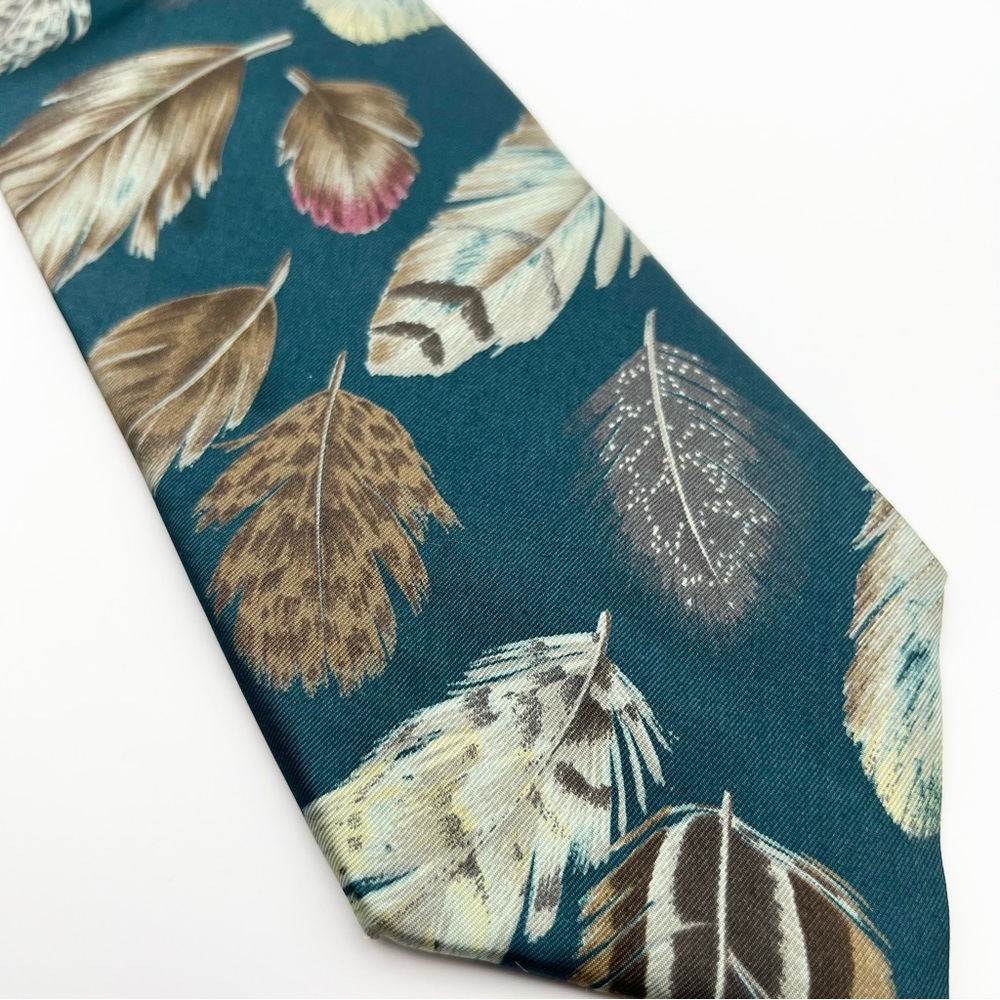 Vintage Lands End Teal Feather Pattern 100% Silk Men’s Necktie
